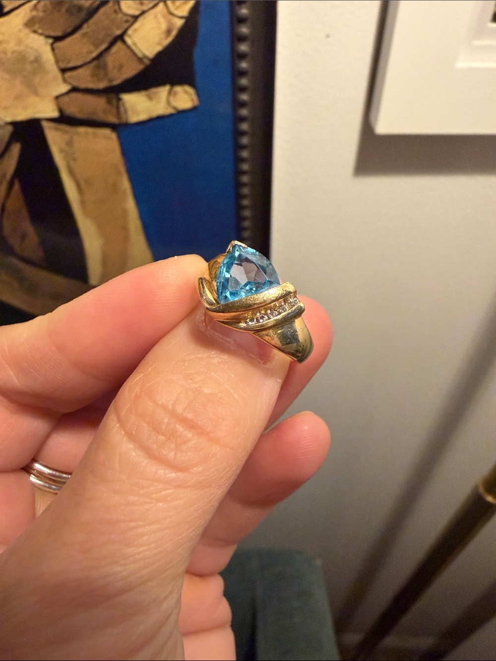 Vintage Gold Cocktail Ring with Blue Topaz and Diamonds - Picture 3 of 6